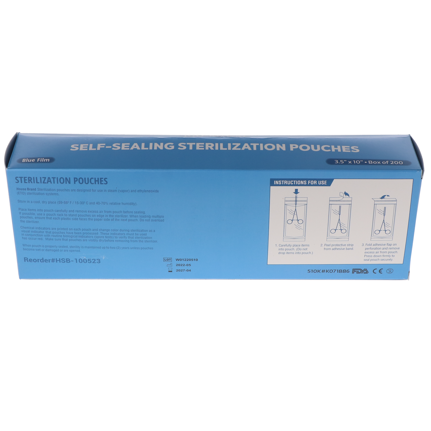 Sterilization Pouch, Class 4, Self-Sealing, Blue Film, 3.50" x 10", 200/Pk