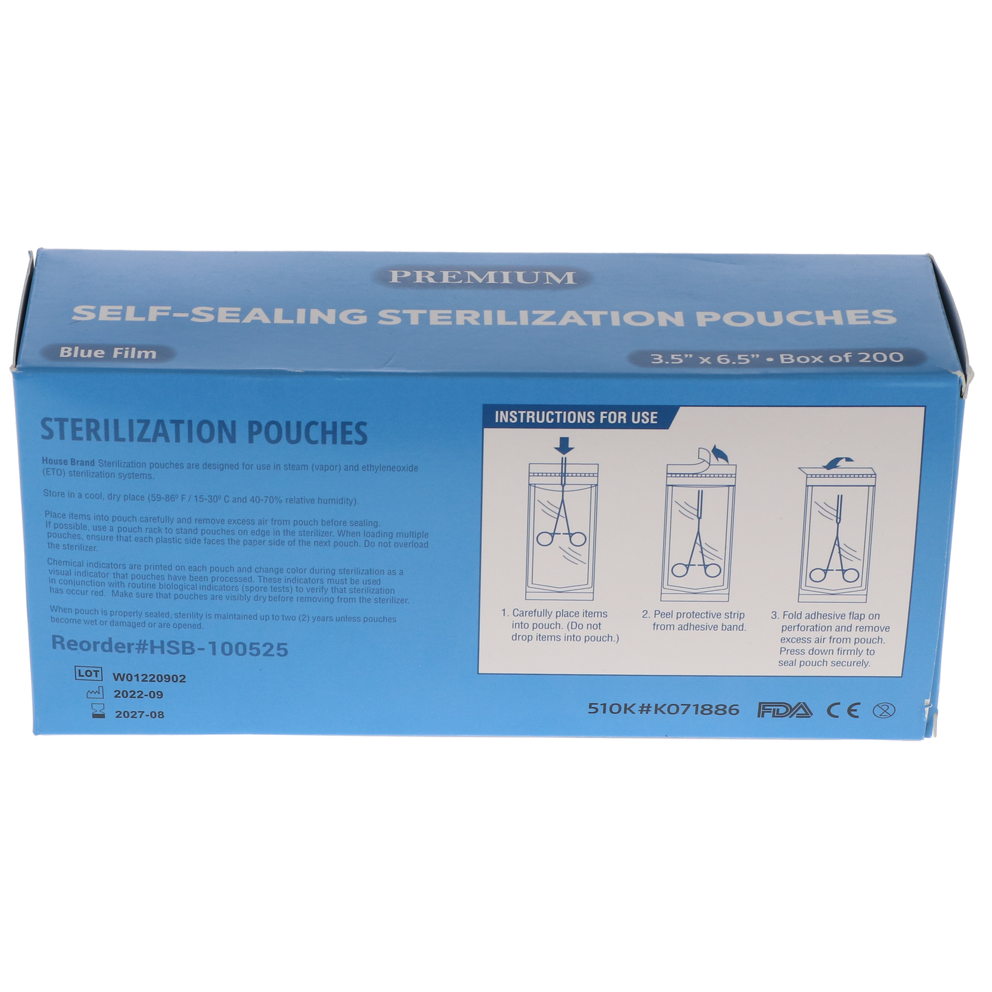 Sterilization Pouch, Class 4, Self-Sealing, Blue Film, 3.50" x 6.5", 200/Pk