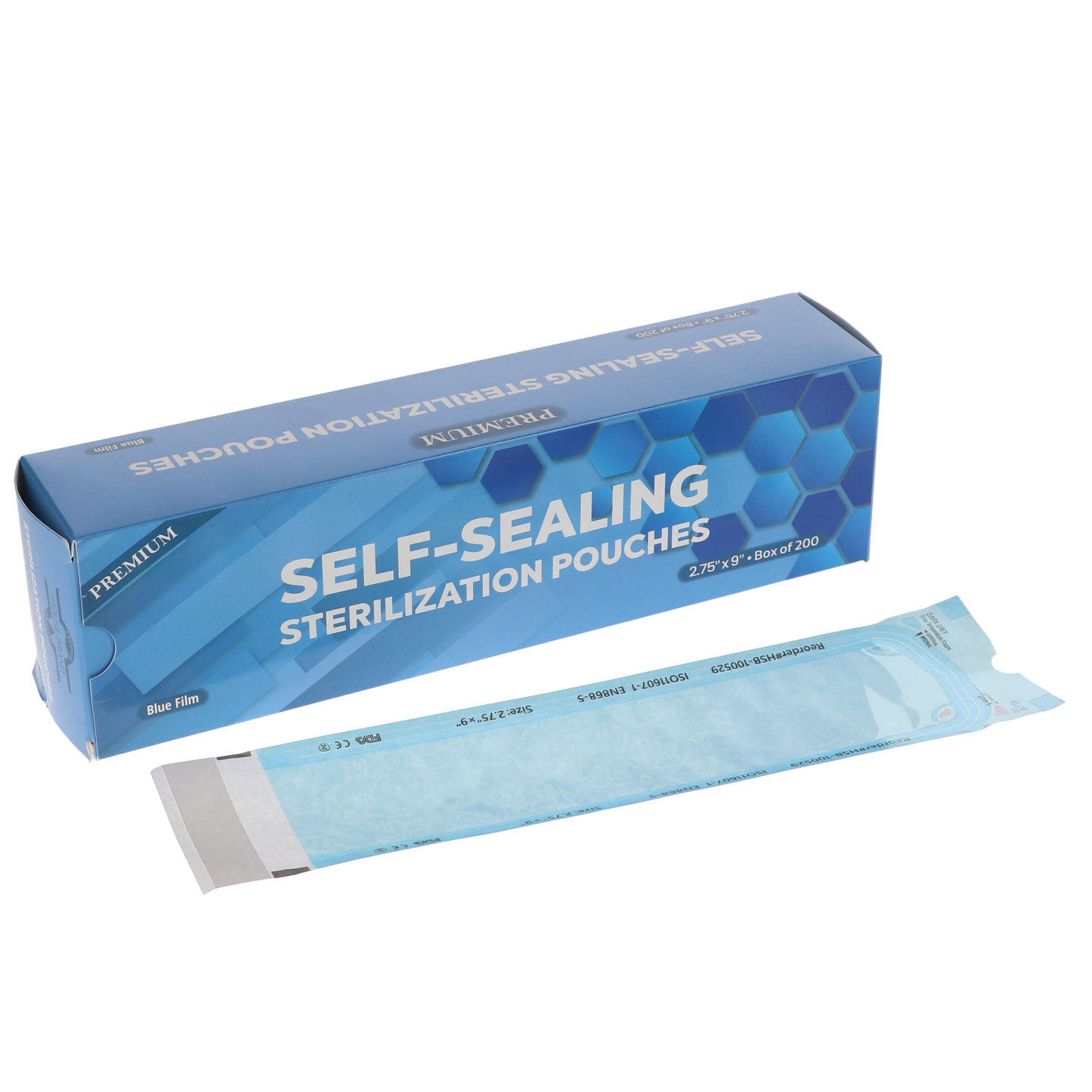 Sterilization Pouch, Class 4, Self-Sealing, Blue Film, 2.75" x 9" 200/Pack