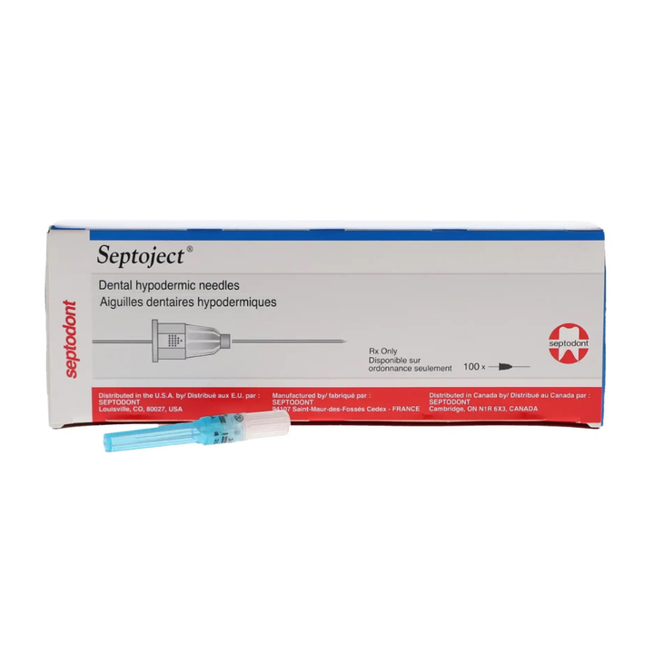 Septoject Dental Hypodermic Needles, Plastic Hub, Gauge 30, Short, Blue, 100/Pk