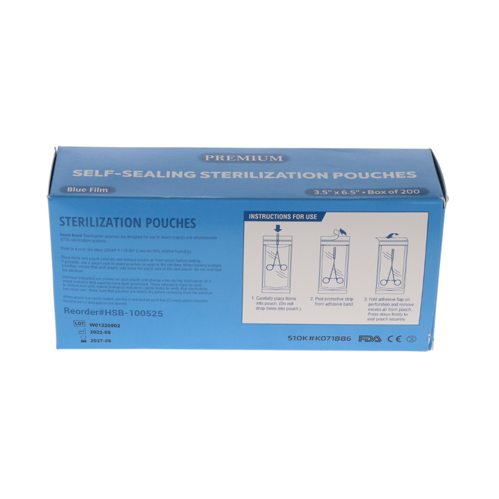 Sterilization Pouch, Class 4, Self-Sealing, Blue Film, 3.50" x 6.5", 200/Pk