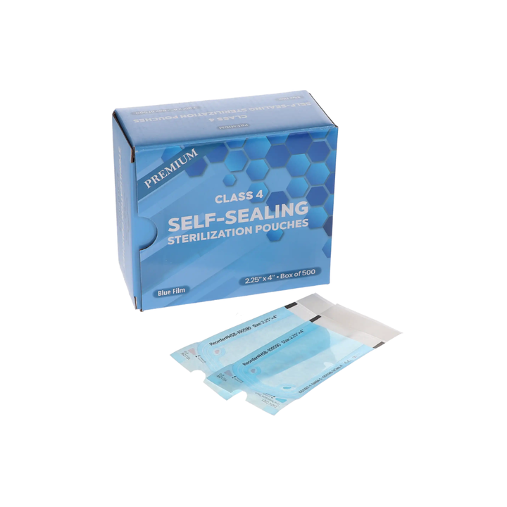 Sterilization Pouch, Class 4, Self-Sealing, Blue Film, 2.25" x 4", Bulk Pack, 500/Pk